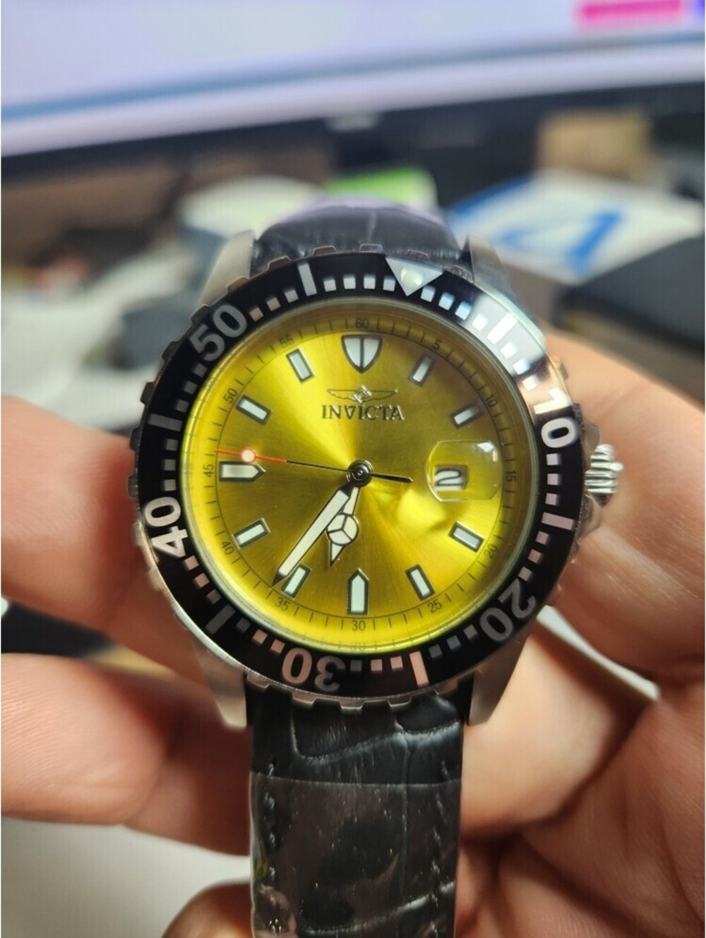 Invicta Pro Diver Yellow Dial Black Leather Men's Watch, 44mm (10198-L)